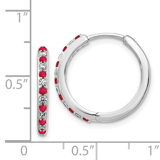 14k White Gold Diamond and Ruby Hinged Hoop Earrings