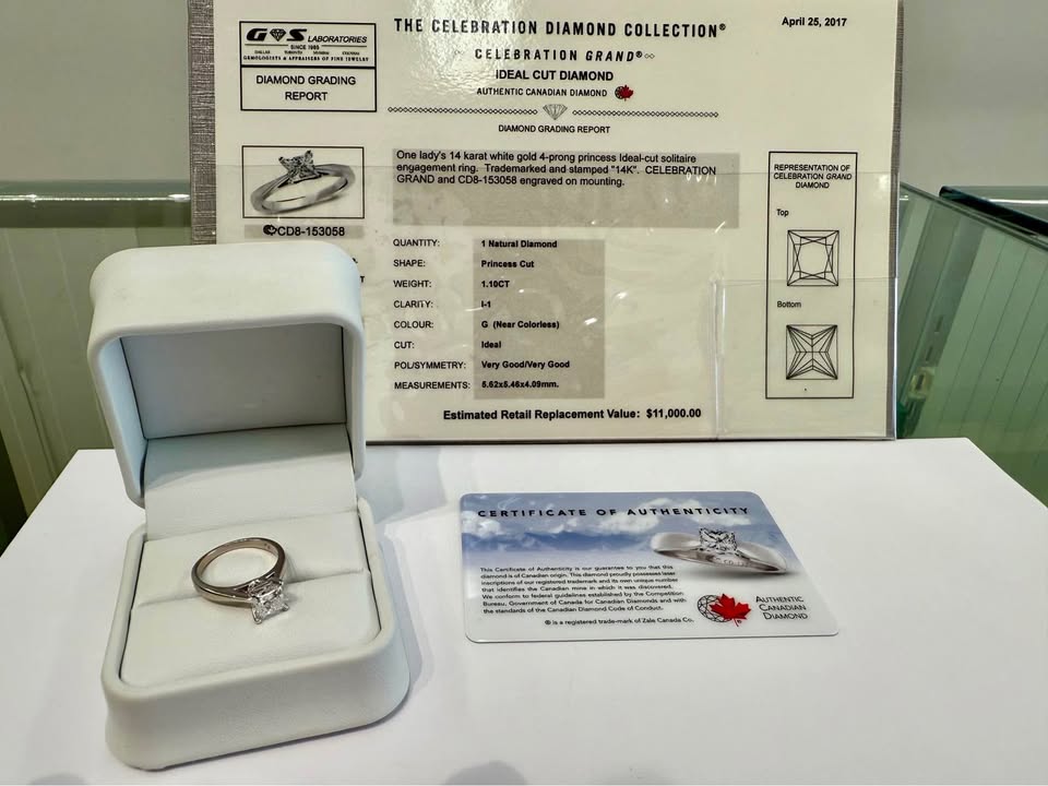 14k White Gold Natural Diamond 1.10 Solitaire princess Cut Engagement Ring , Canadian Certified