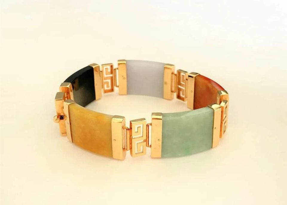 14k Yellow Gold Multi-Colored "Good Fortune" Jade Bracelet 7.5”