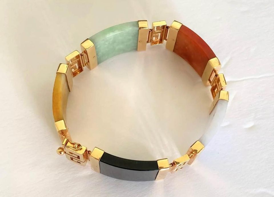 14k Yellow Gold Multi-Colored "Good Fortune" Jade Bracelet 7.5”