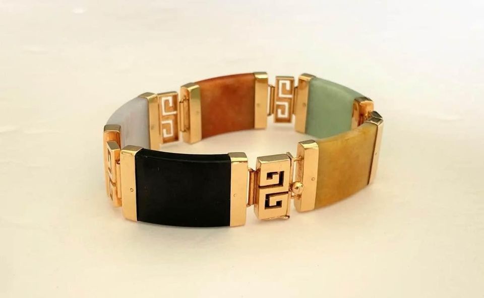 14k Yellow Gold Multi-Colored "Good Fortune" Jade Bracelet 7.5”