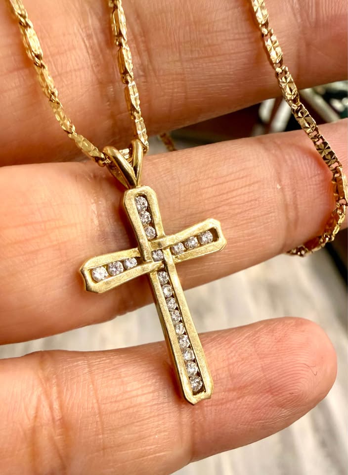 Natural Diamond 14karat Cross 0.50CTw + 10k 16” Diamond Cut Chain