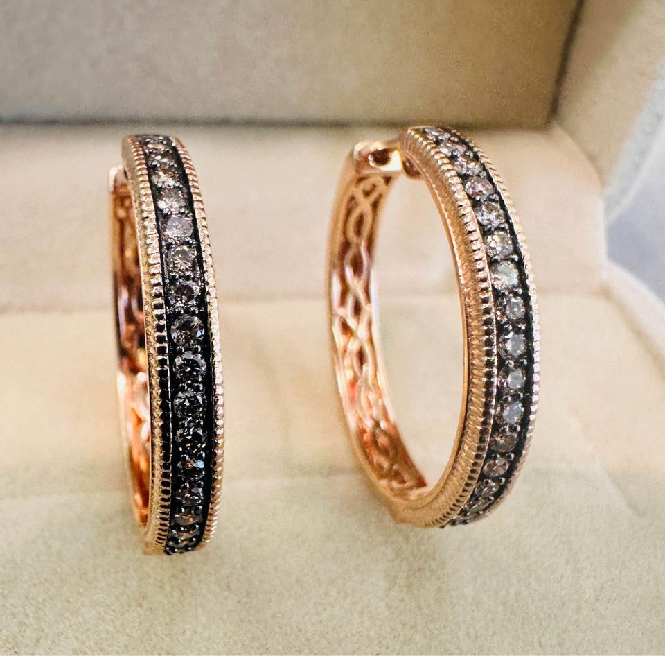 One of a kind 14karat Rose Gold Champagne Diamonds 25mm hoops , 1.00CTW