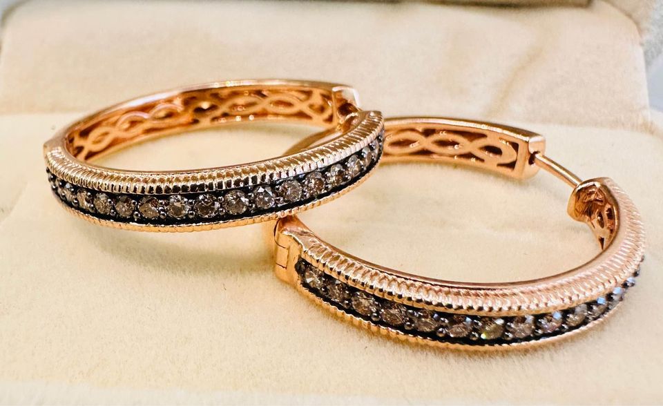 One of a kind 14karat Rose Gold Champagne Diamonds 25mm hoops , 1.00CTW