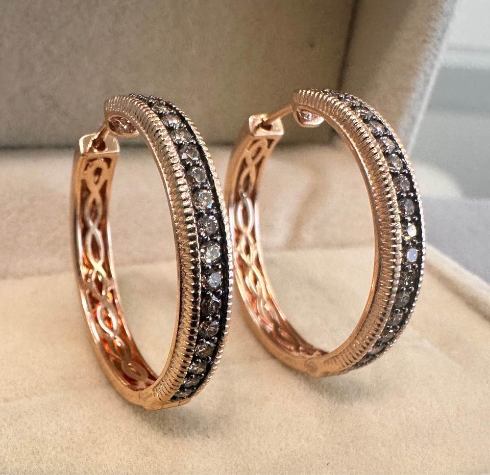 One of a kind 14karat Rose Gold Champagne Diamonds 25mm hoops , 1.00CTW