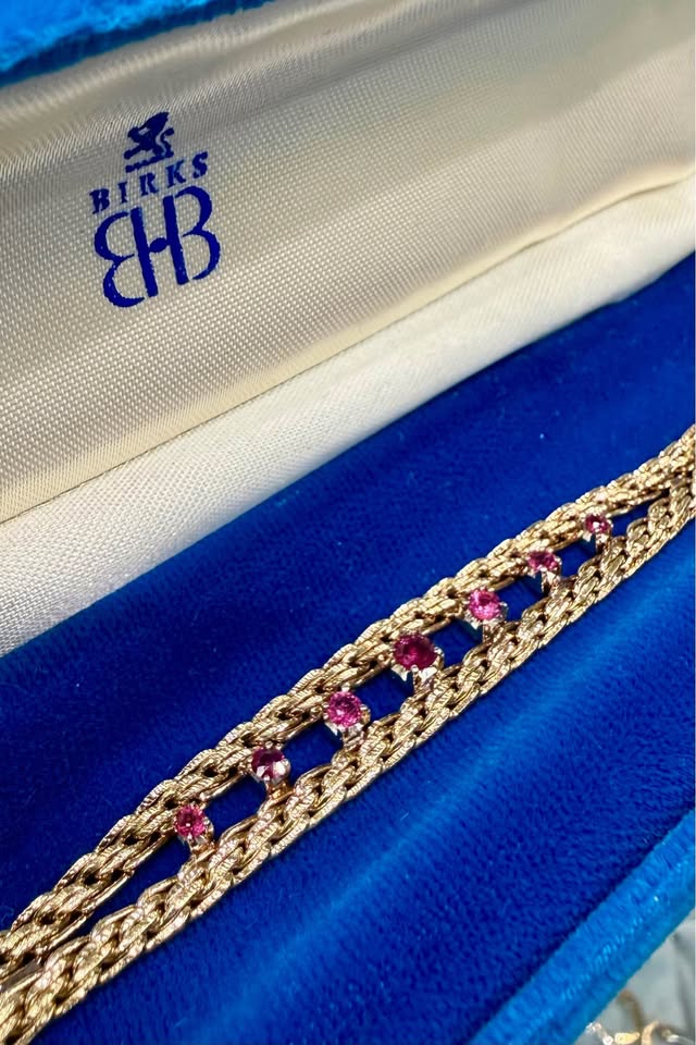 July Birthstone 14karat Woven Birks Vintage Bracelet with 1.40CTW of Natural Rubies 7.5”