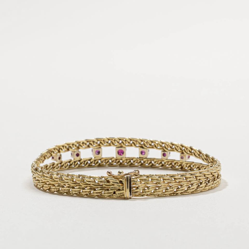 July Birthstone 14karat Woven Birks Vintage Bracelet with 1.40CTW of Natural Rubies 7.5”