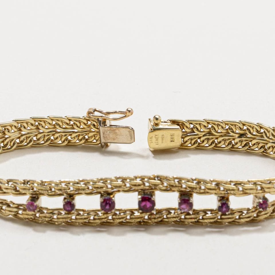 July Birthstone 14karat Woven Birks Vintage Bracelet with 1.40CTW of Natural Rubies 7.5”