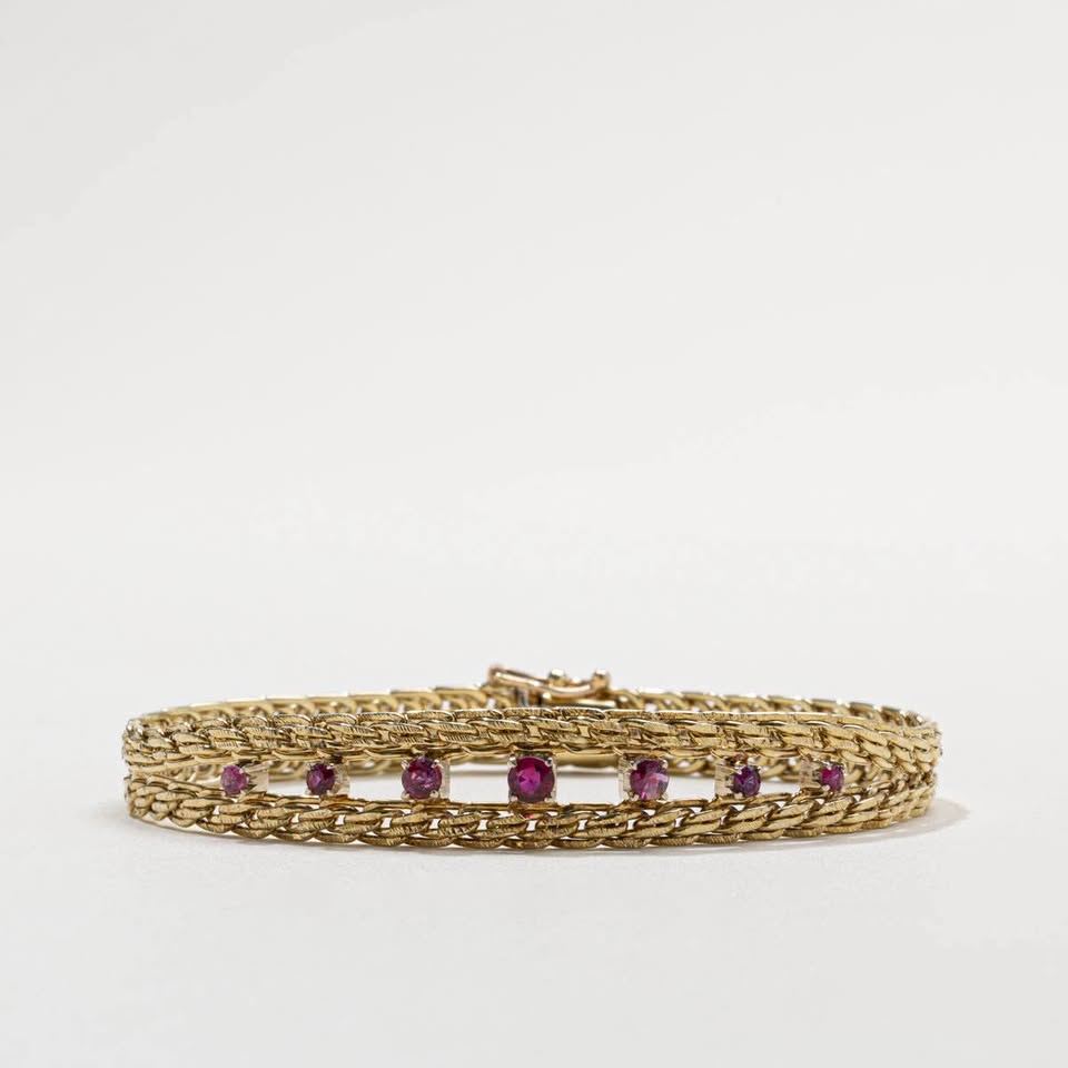 July Birthstone 14karat Woven Birks Vintage Bracelet with 1.40CTW of Natural Rubies 7.5”