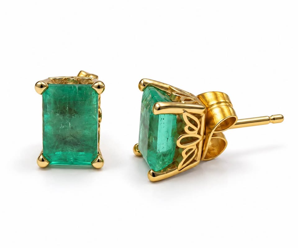 14k Yellow Gold Natural Emerald Studs 1.50CTW