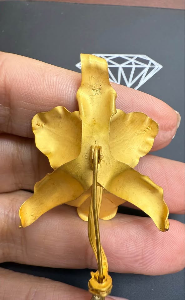 18Karat unique Vintage Gold Orchid Flower Pendant\Brooch 56x32mm