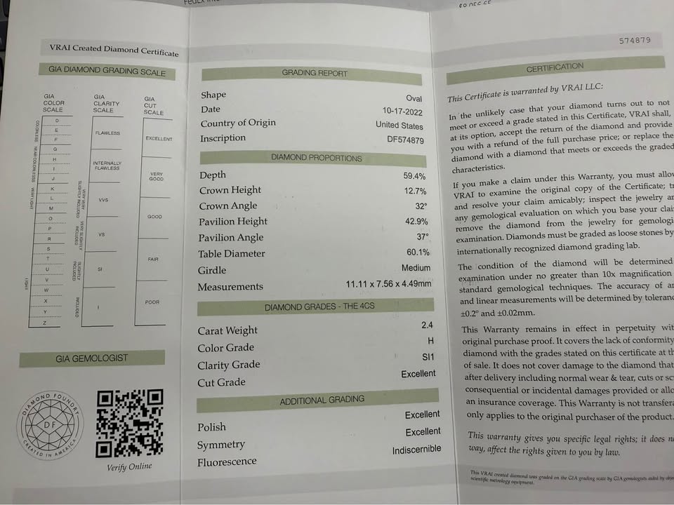 Save $5000 below market 18k Gold 2.40 carat H-SI1 Labmade Diamond Solitaire