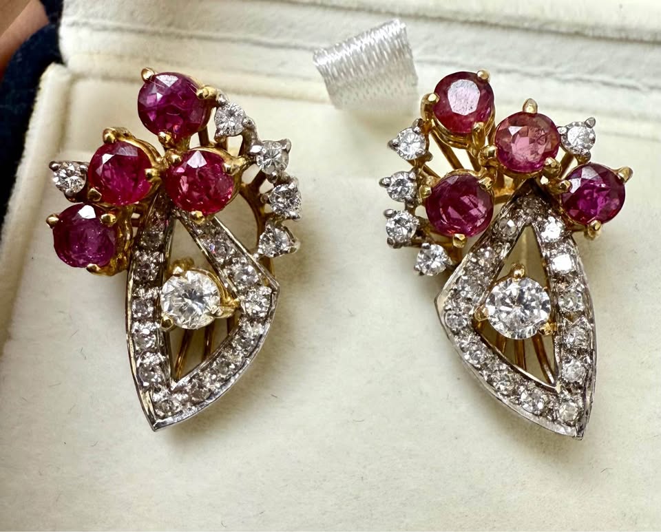 One Of A Kind 18k Gold Earrings 2.75CTW Natural Rubies & 1.10CTW Natural Diamonds
