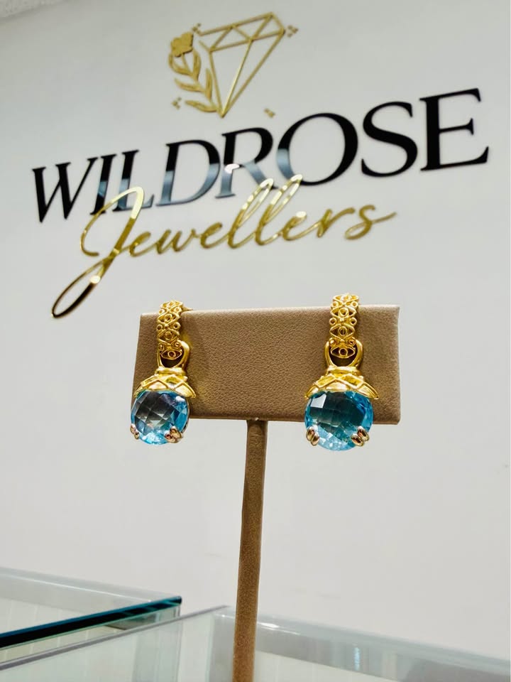 18karat 8.00CTW Natural Blue Topaz Checkerboard Cut Two Ways Earrings