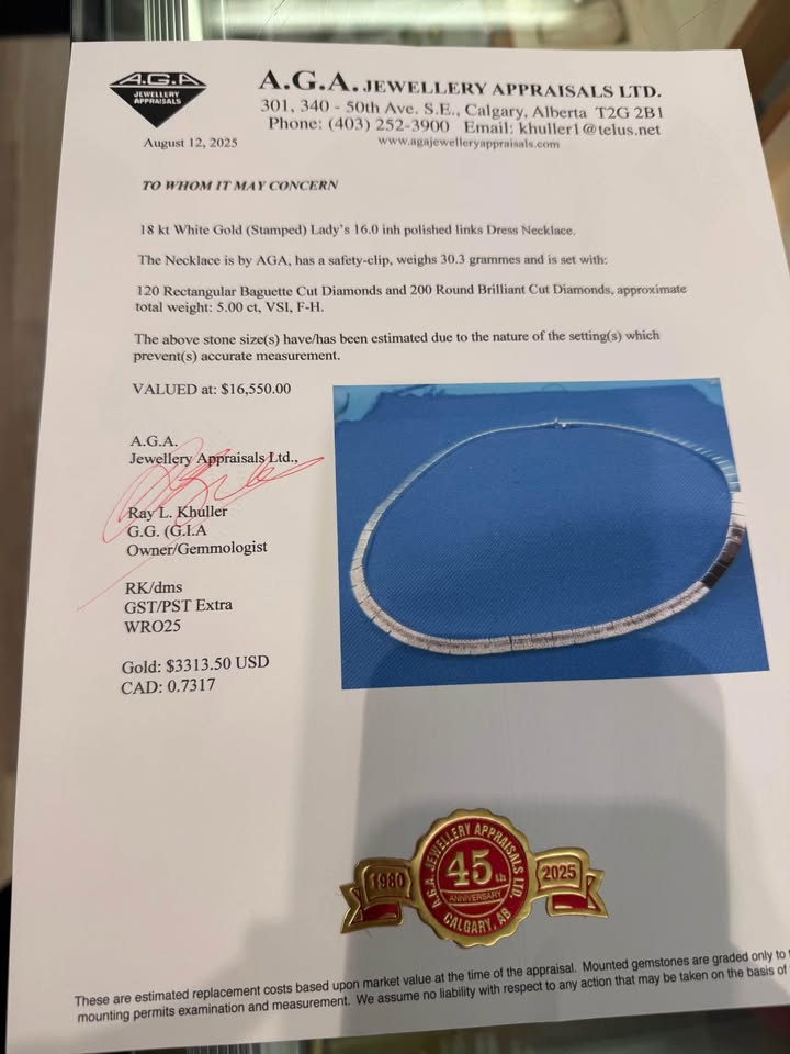 18k white gold 5.00CTW Tennis Necklace VS1-F Quality, 320 Natural Baguette and Rounds ,30grams