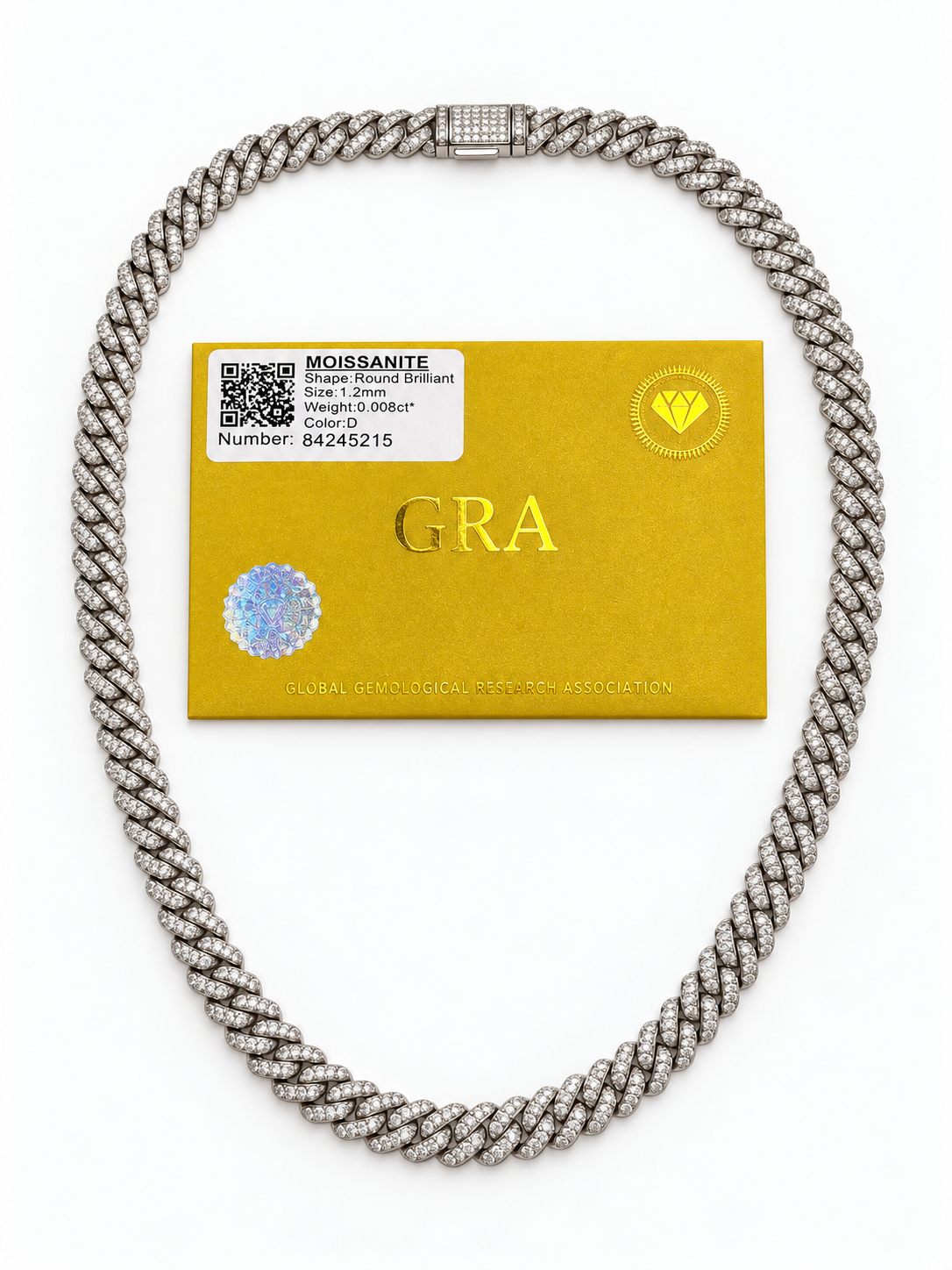 Moissanite silver chain 8mm 20” GRA