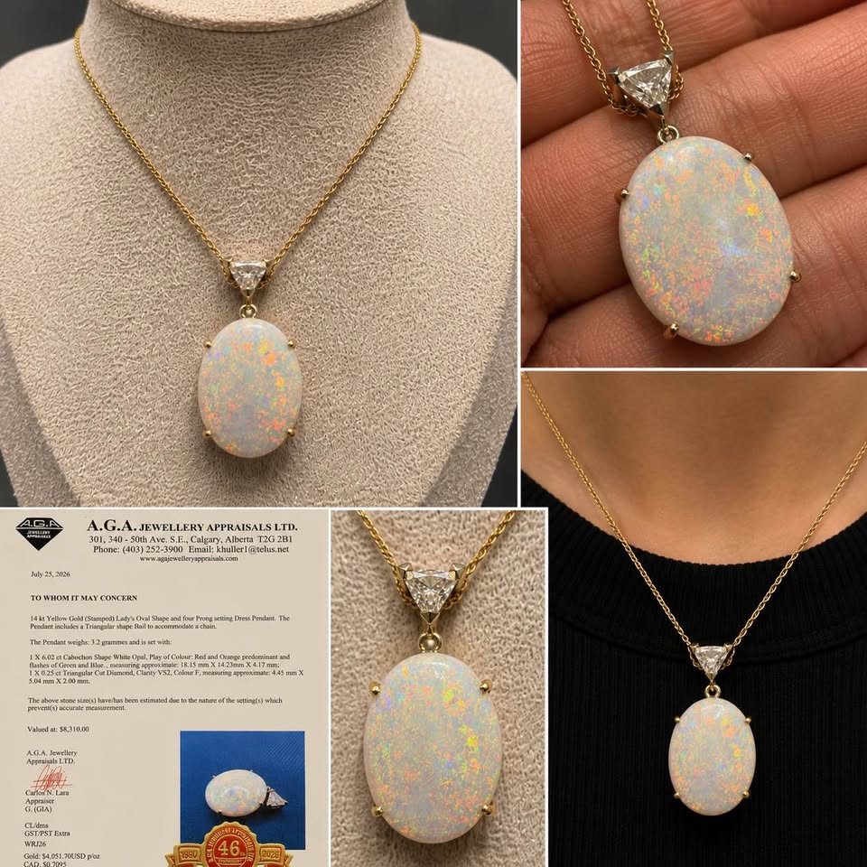 6.02 Carat Natural Opal Pendant in 14karat Gold + 0.25Ct Diamond