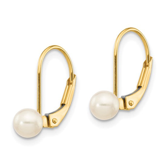 10k 4-5mm White Round Freshwater Cultured Pearl Leverback Earrings