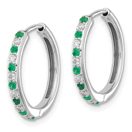 14k White Gold Diamond and Emerald Hinged Hoop Earrings