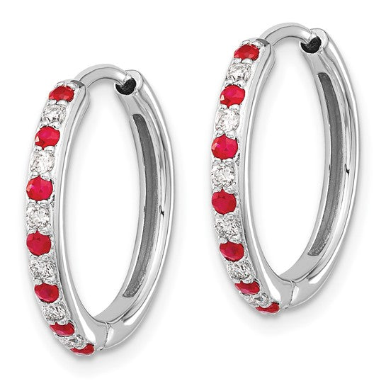 14k White Gold Diamond and Ruby Hinged Hoop Earrings