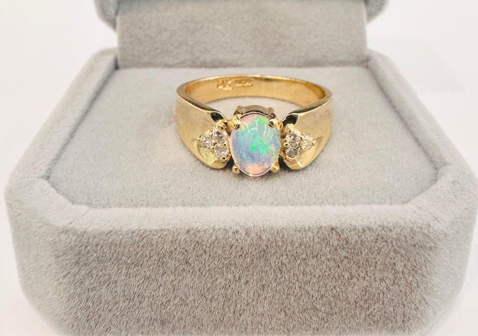 Beautiful Natural Australian Opal & Diamonds Ring in 14karat gold “ October Birthstone”