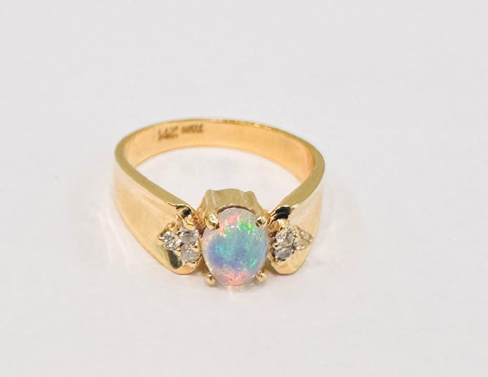 Beautiful Natural Australian Opal & Diamonds Ring in 14karat gold “ October Birthstone”