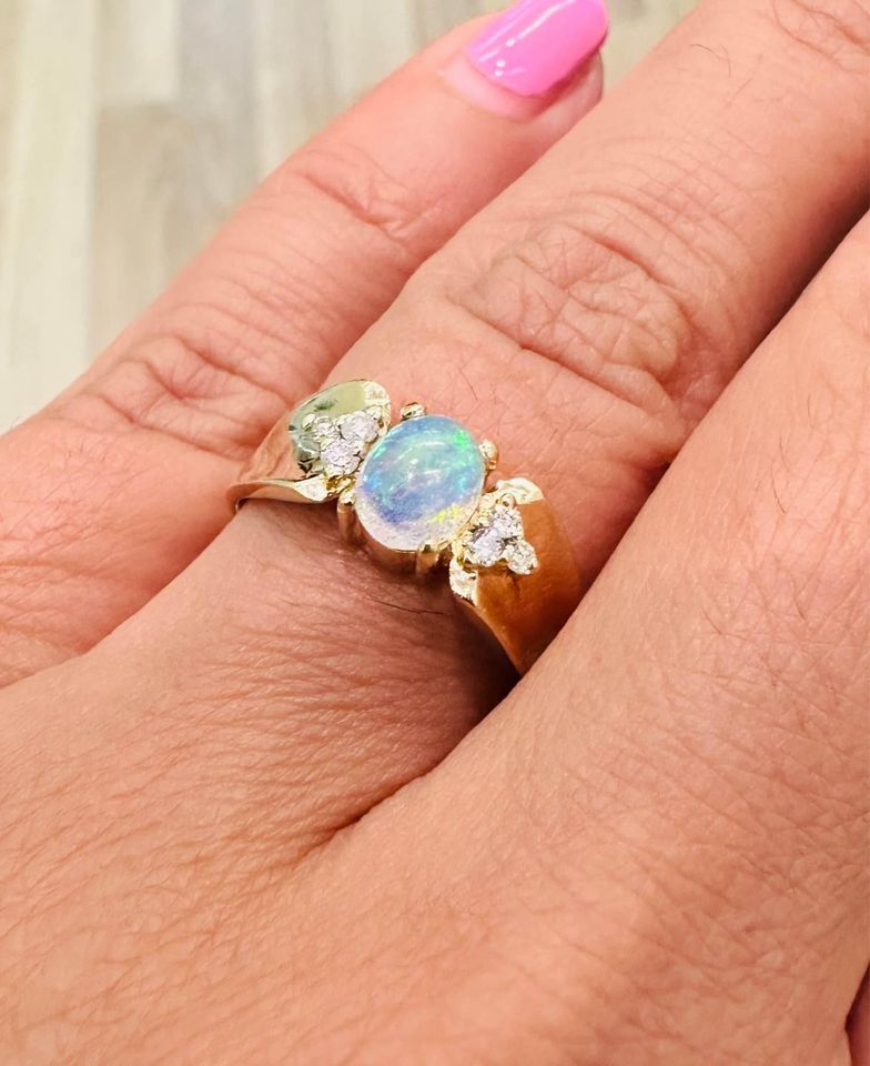 Beautiful Natural Australian Opal & Diamonds Ring in 14karat gold “ October Birthstone”