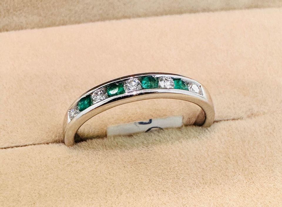 Beautiful Channel Set Natural Emeralds & Diamonds Band in 14k