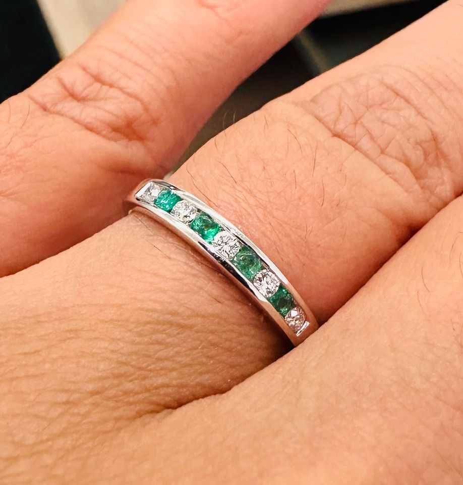 Beautiful Channel Set Natural Emeralds & Diamonds Band in 14k