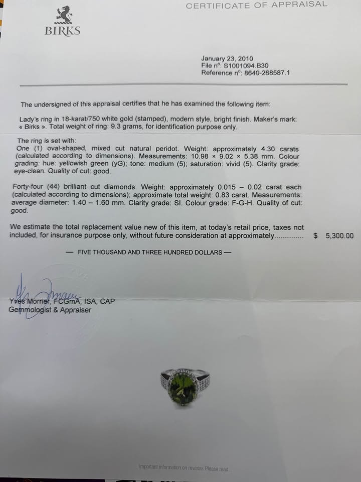 Birks 18Karat White Gold 4.30Carat Natural Peridot & Diamonds Engagement Ring