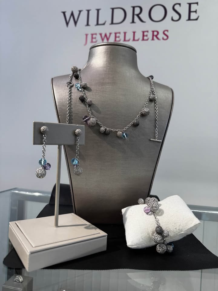Birks Natural Amethyst & Aquamarine 3 pcs Set In 925 Silver