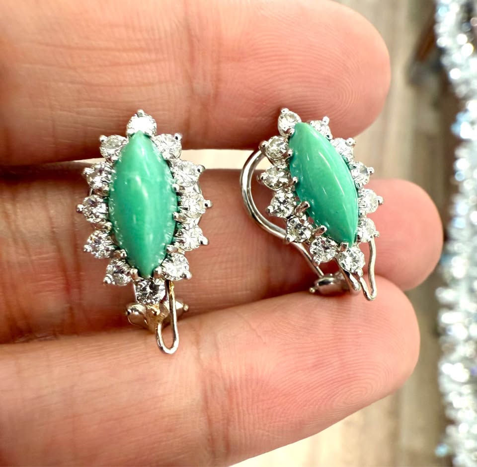 Custom Design 14k Natural 4.10CTW Turquoise & 1.20CTW Diamonds Clip on Earrings