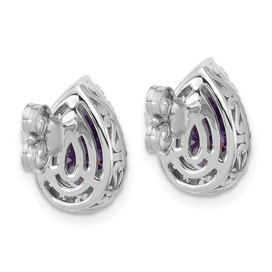 14K White Gold Lab Grown VS/SI FGH Dia and Amethyst Pear Post Earrings