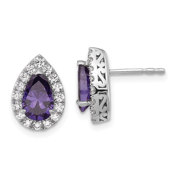 14K White Gold Lab Grown VS/SI FGH Dia and Amethyst Pear Post Earrings