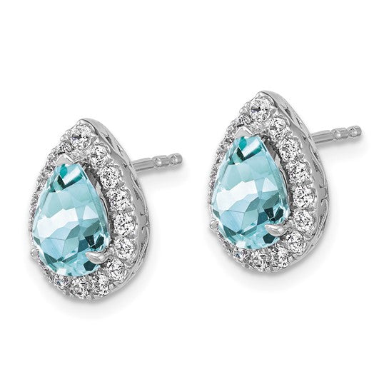 14K White Gold Lab Grown VS/SI FGH Dia and Aquamarine Pear Post Earrings