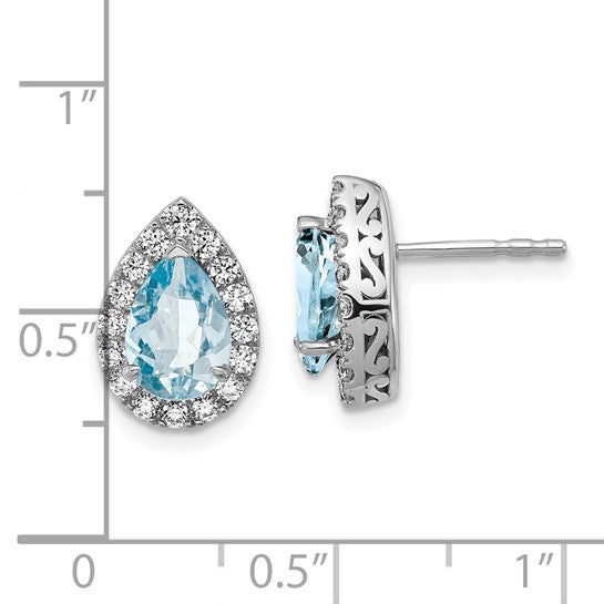 14K White Gold Lab Grown VS/SI FGH Dia and Aquamarine Pear Post Earrings