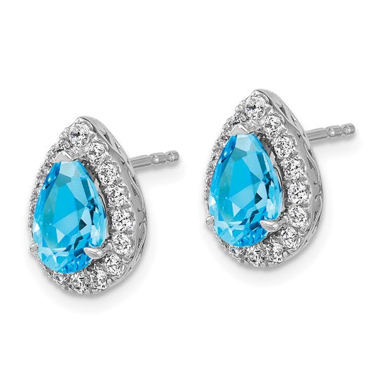 14K White Gold Lab Grown VS/SI FGH Dia and Blue Topaz Pear Post Earrings