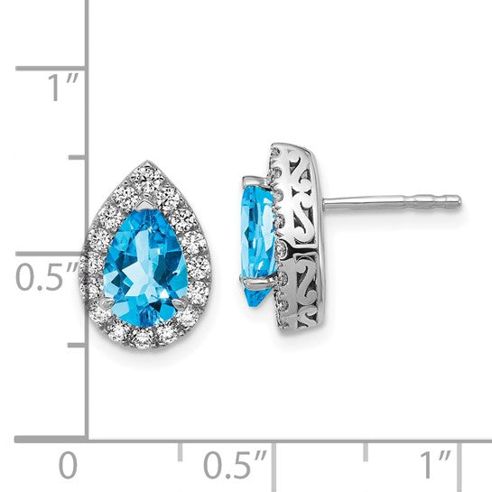 14K White Gold Lab Grown VS/SI FGH Dia and Blue Topaz Pear Post Earrings