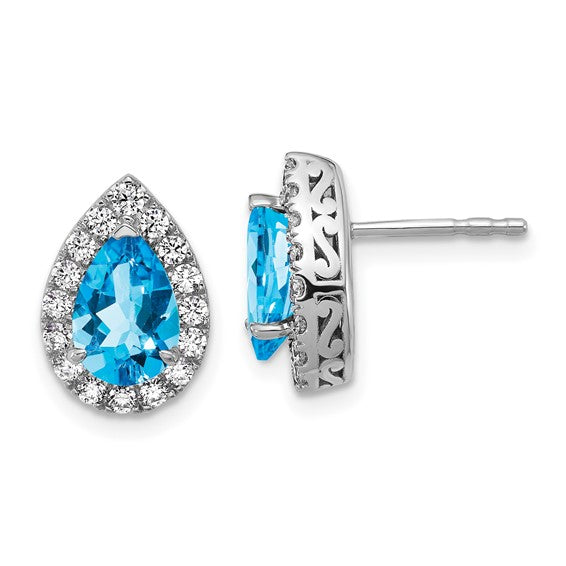 14K White Gold Lab Grown VS/SI FGH Dia and Blue Topaz Pear Post Earrings