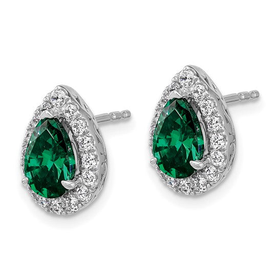 14K White Gold Lab Grown VS/SI FGH Dia and Cr Emerald Pear Post Earrings