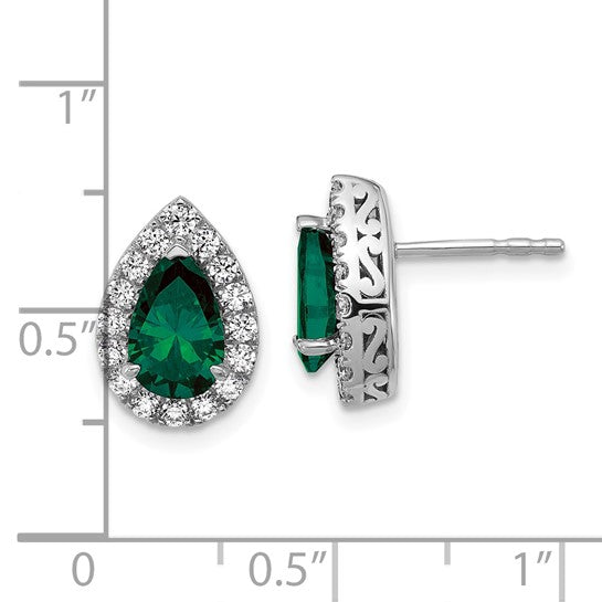 14K White Gold Lab Grown VS/SI FGH Dia and Cr Emerald Pear Post Earrings