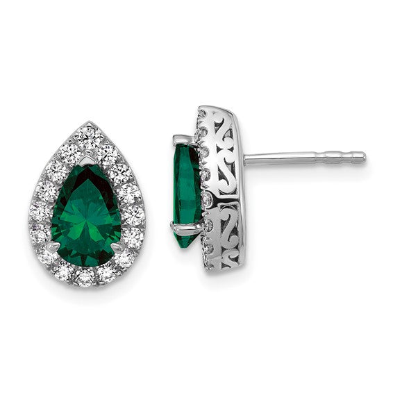 14K White Gold Lab Grown VS/SI FGH Dia and Cr Emerald Pear Post Earrings