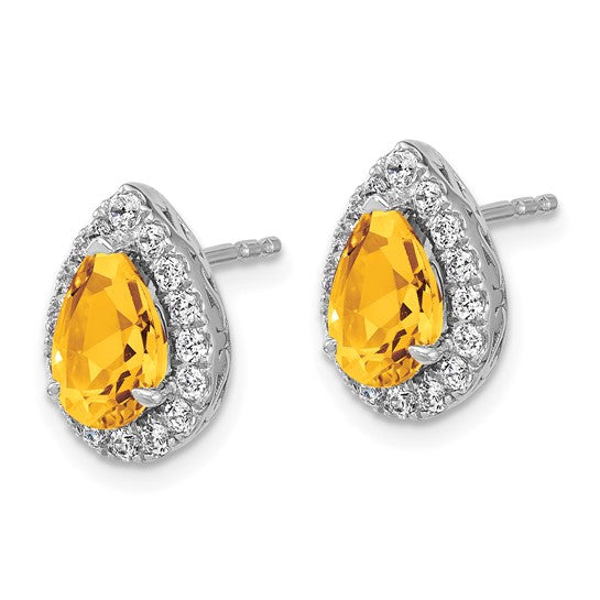 14K White Gold Lab Grown VS/SI FGH Dia and Citrine Pear Post Earrings