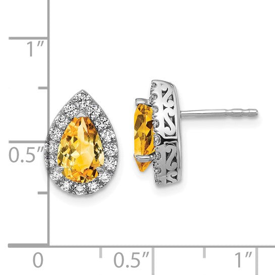 14K White Gold Lab Grown VS/SI FGH Dia and Citrine Pear Post Earrings