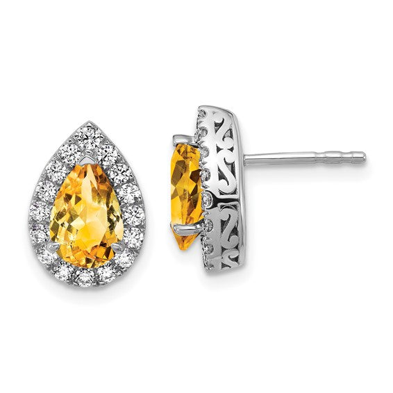 14K White Gold Lab Grown VS/SI FGH Dia and Citrine Pear Post Earrings