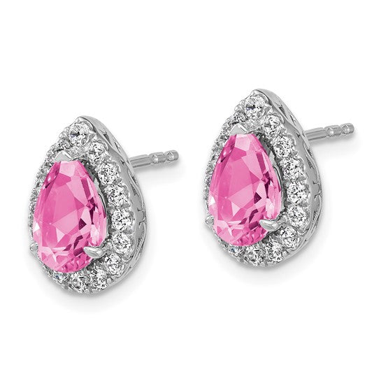 14K White Gold Lab Grown VS/SI FGH Dia and Cr Pink Sapphire Pear Post Earrings