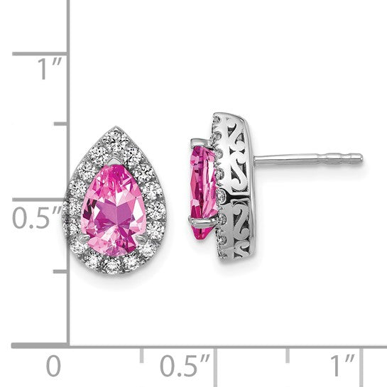 14K White Gold Lab Grown VS/SI FGH Dia and Cr Pink Sapphire Pear Post Earrings