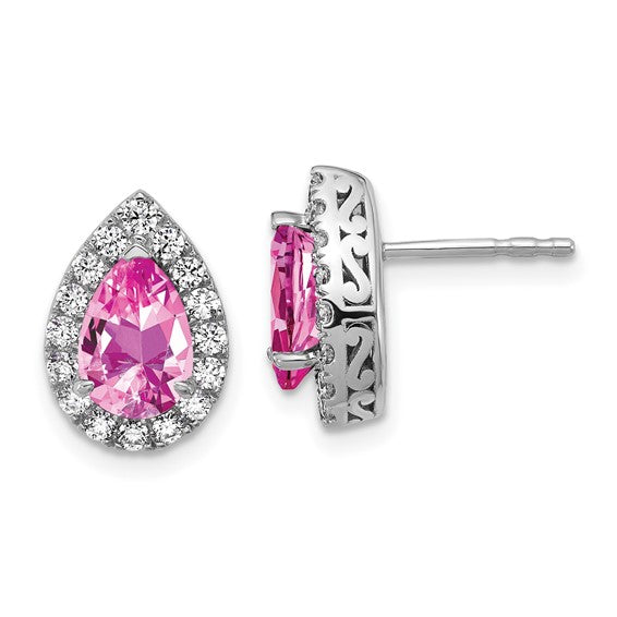 14K White Gold Lab Grown VS/SI FGH Dia and Cr Pink Sapphire Pear Post Earrings