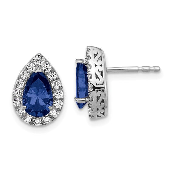 14K White Gold Lab Grown VS/SI FGH Dia and Cr Sapphire Pear Post Earrings