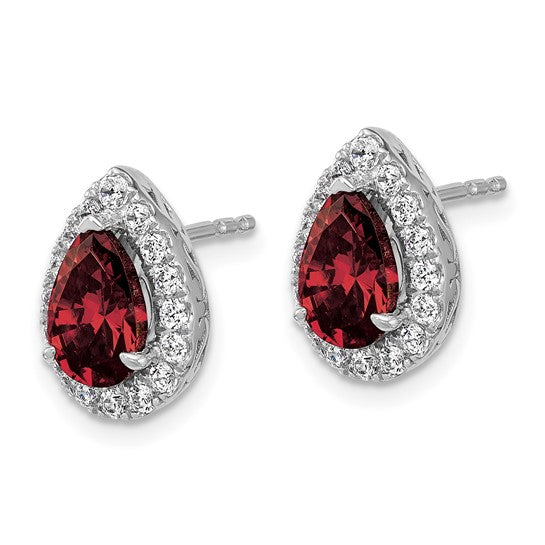 14K White Gold Lab Grown VS/SI FGH Dia and Garnet Pear Post Earrings